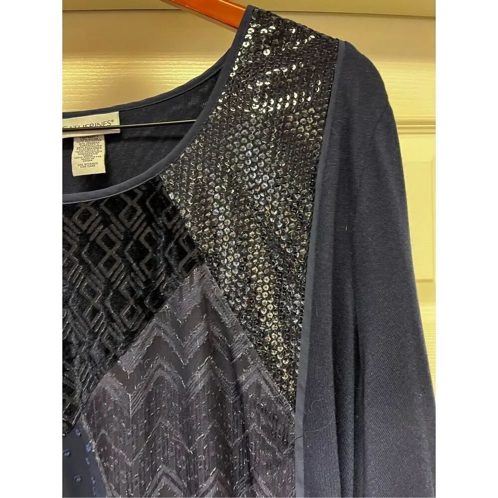 Catherine’s Navy 3/4 Sleeve Velvet & Sequin Sweater sz 3X EUC - Picture 2 of 6